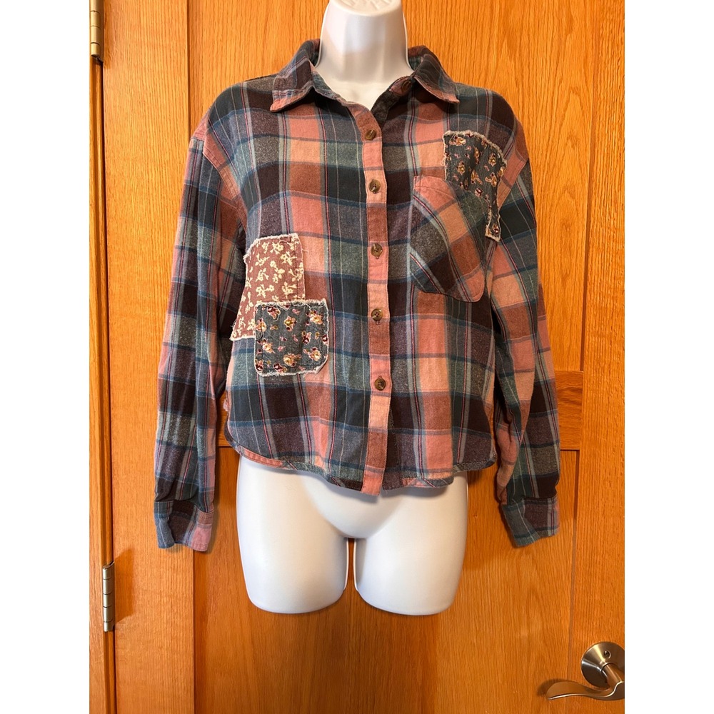 Women's Pink Blue Plaid Patchwork Flannel Button Up Shirt XS Boho Western